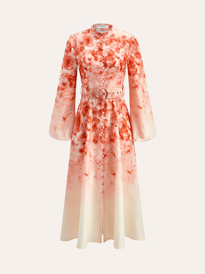 Kemerli Balon Kol Çiçekli Elbise