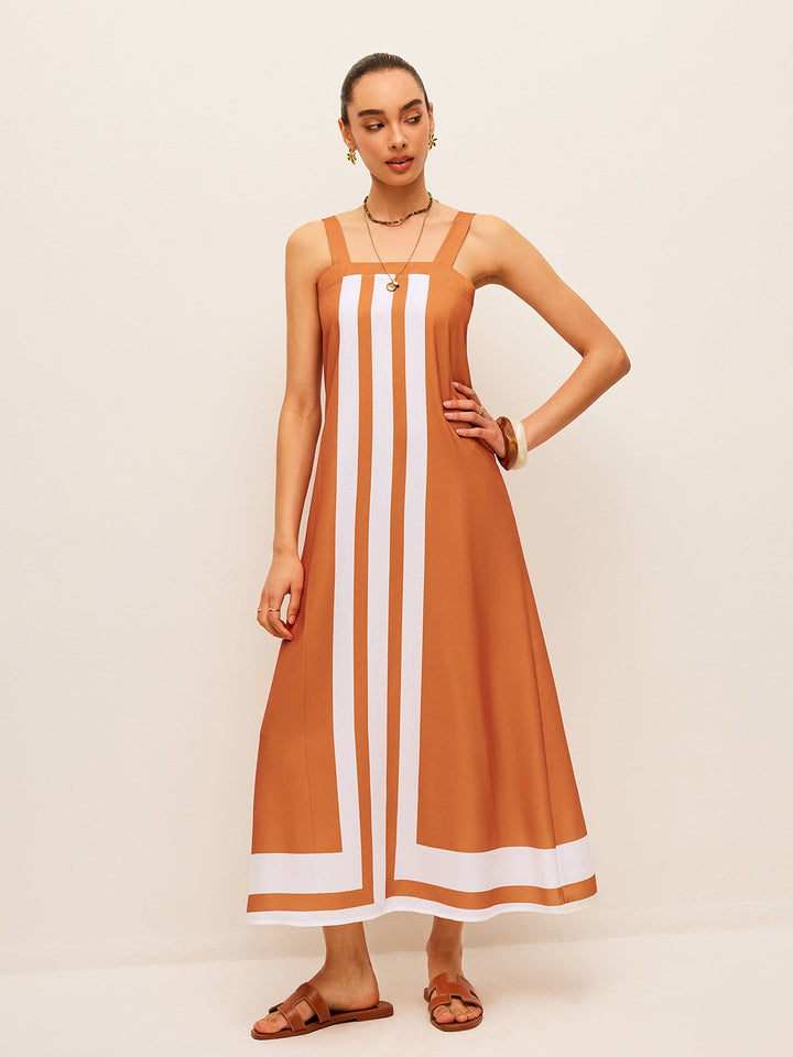 Renk Bloklu Kare Yaka Elbise