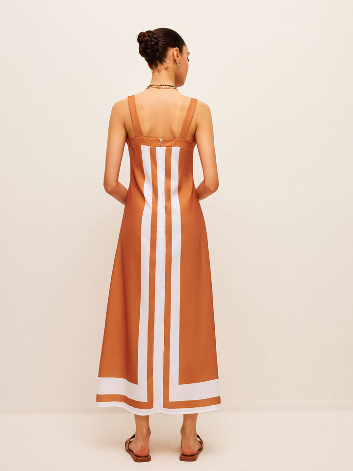 Renk Bloklu Kare Yaka Elbise