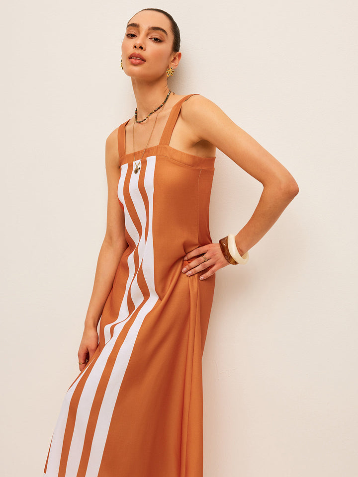 Renk Bloklu Kare Yaka Elbise