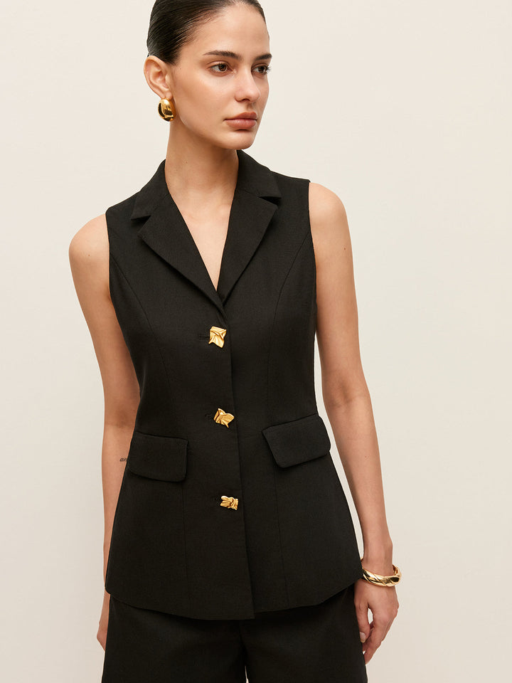 Pamuk & Keten Düğme Detaylı Cepli Yelek