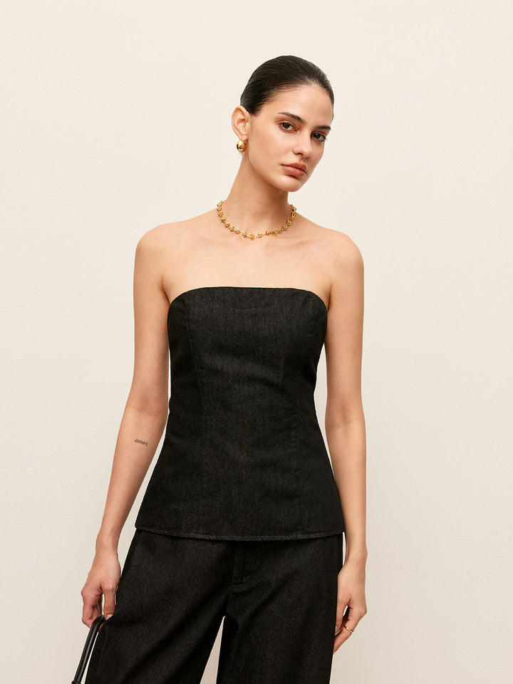 Sırt Fermuarlı Straplez Kot Üst