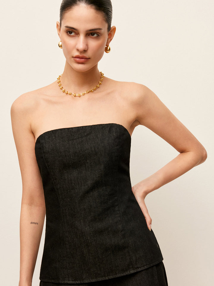 Sırt Fermuarlı Straplez Kot Üst