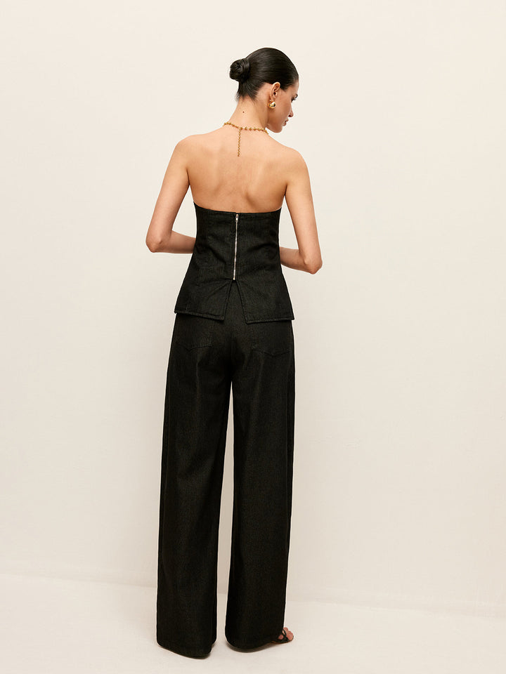 Sırt Fermuarlı Straplez Kot Üst