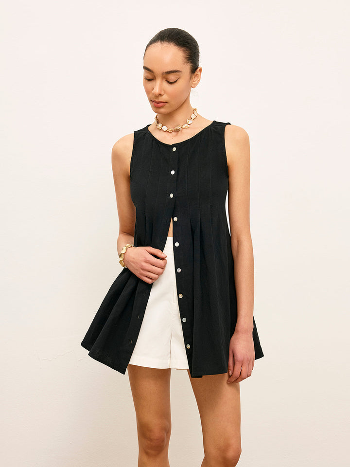 Pamuk Ve Keten Pileli Düğmeli Üst