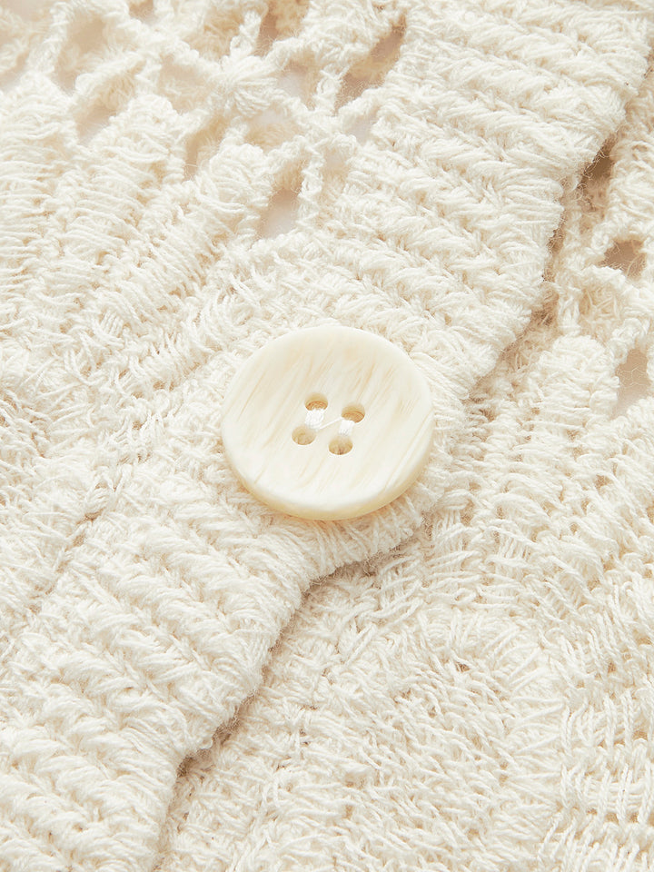 Tığ İşi Çiçekli Düğmeli Ön Hırka