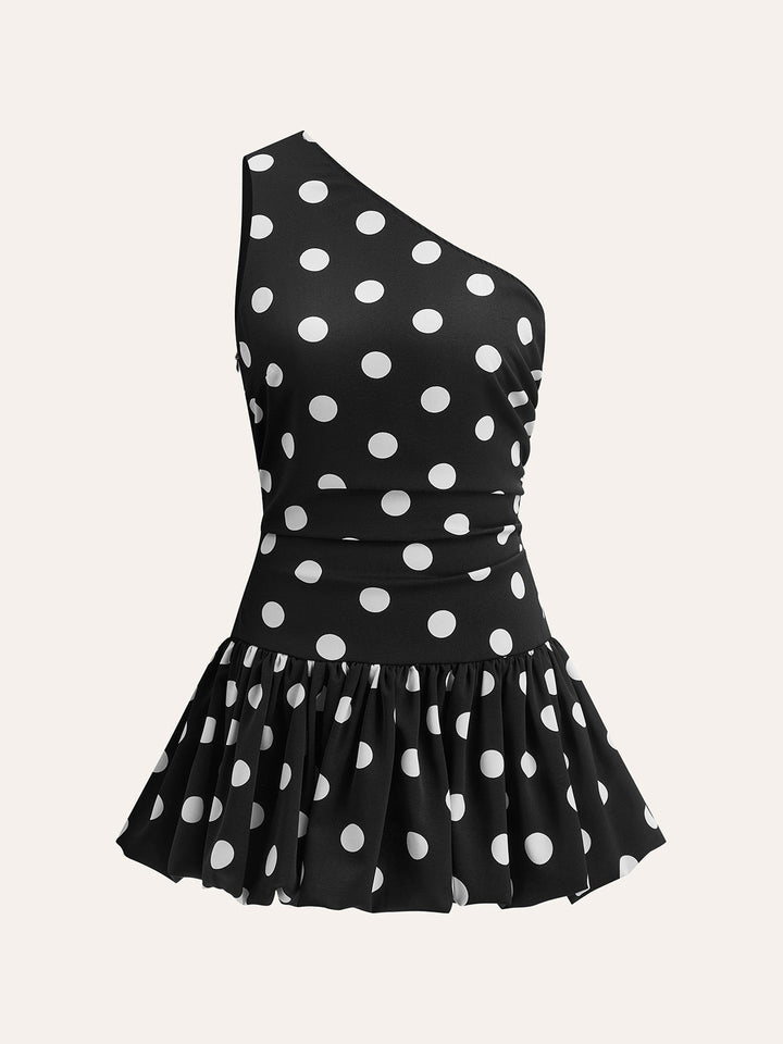 Tek Omuz Polka Dot Peplum Elbise