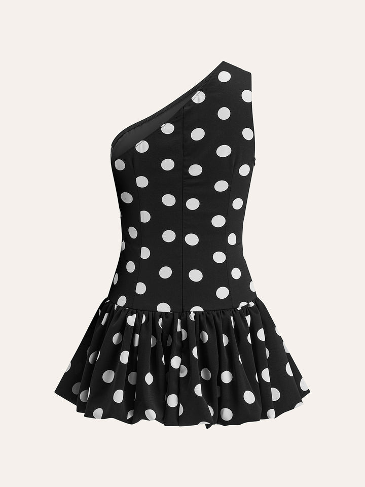 Tek Omuz Polka Dot Peplum Elbise