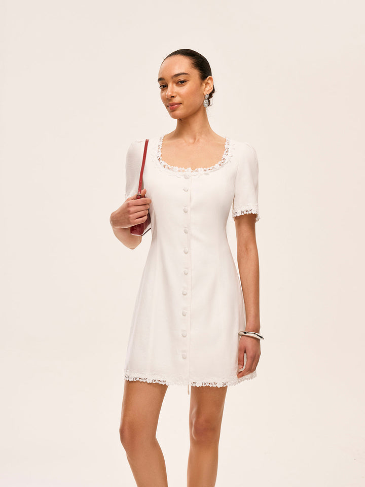 Pamuk Ve Keten Dantelli Düğme Detaylı Elbise
