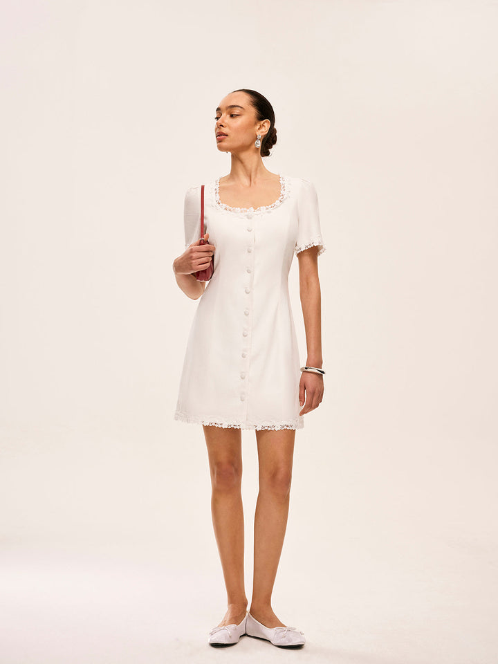 Pamuk Ve Keten Dantelli Düğme Detaylı Elbise