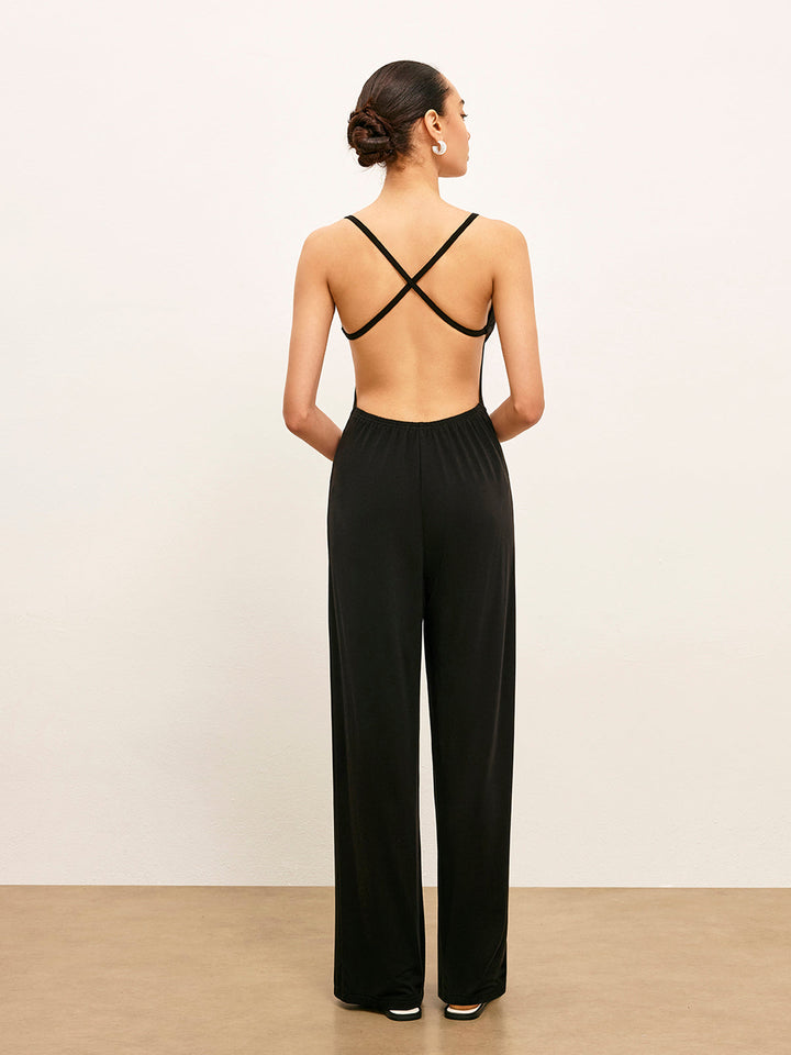 Örgü Sırtı Açık Kolsuz Yuvarlak Yaka Tulum