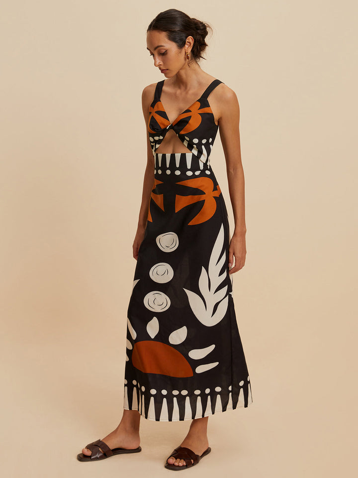 Kesik Fermuarlı Kolsuz Çiçekli Elbise