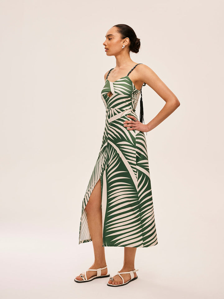 Püskül Detaylı Yırtmaçlı Askılı Elbise