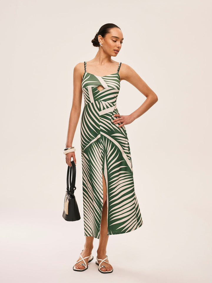 Püskül Detaylı Yırtmaçlı Askılı Elbise