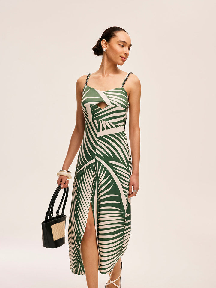 Püskül Detaylı Yırtmaçlı Askılı Elbise