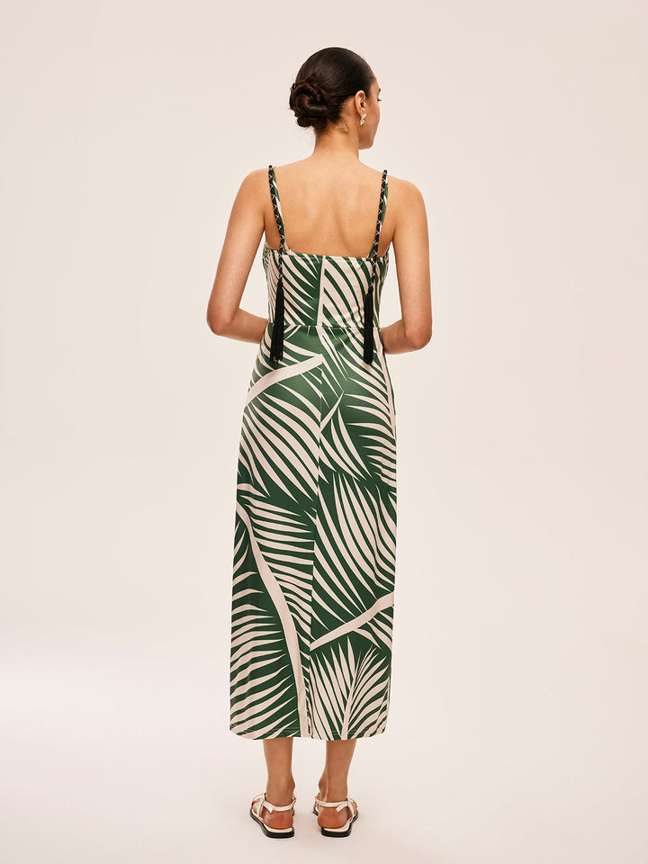 Püskül Detaylı Yırtmaçlı Askılı Elbise