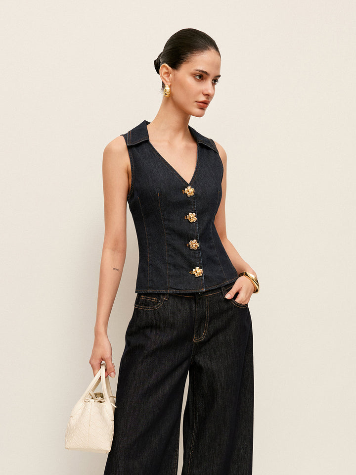 Çiçek Düğme Detaylı Kot Yaka Yelek