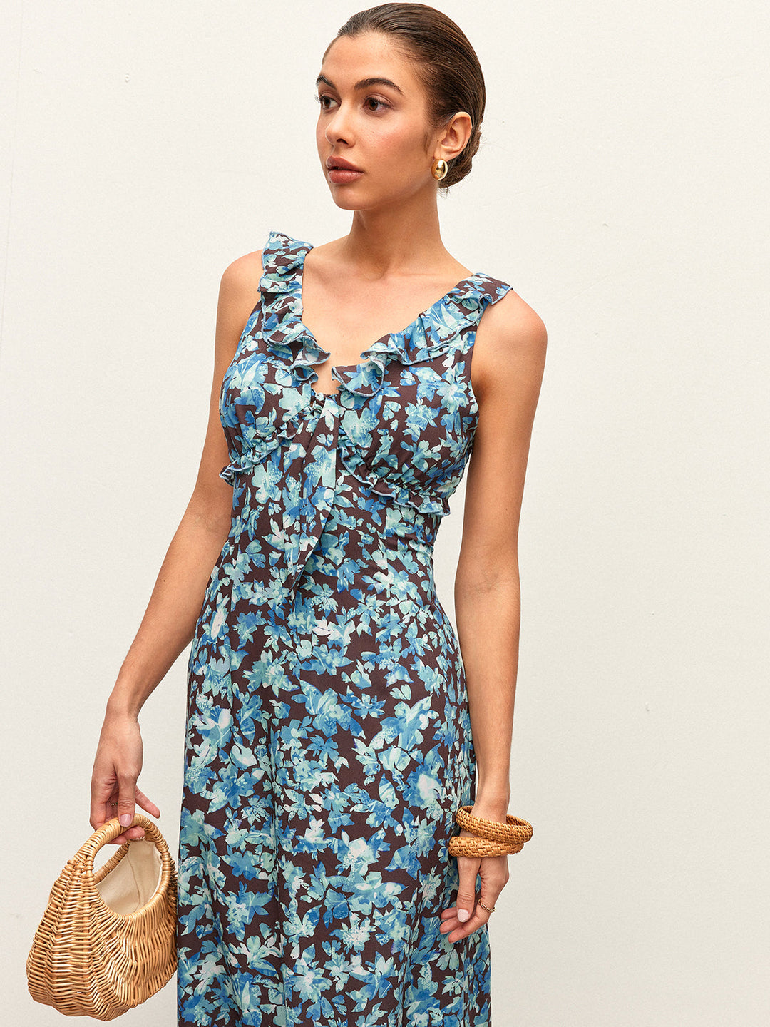 Çiçekli Marul Kenarlı V Yaka Fermuarlı Elbise