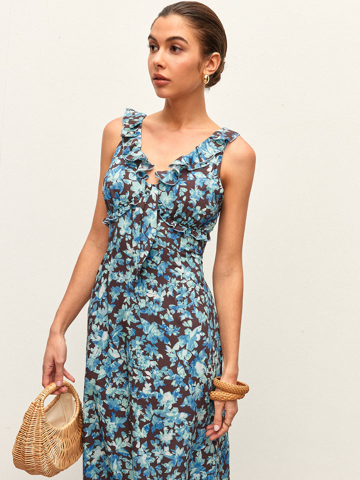 Çiçekli Marul Kenarlı V Yaka Fermuarlı Elbise