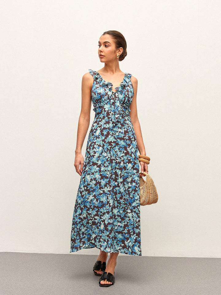 Çiçekli Marul Kenarlı V Yaka Fermuarlı Elbise