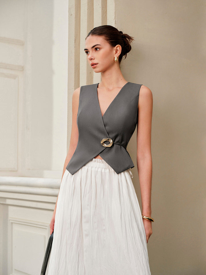 V Yaka Metal Bağcıklı Yelek Kemerli