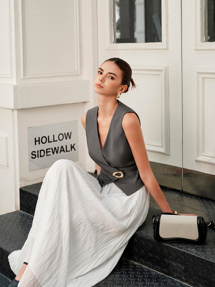 V Yaka Metal Bağcıklı Yelek Kemerli