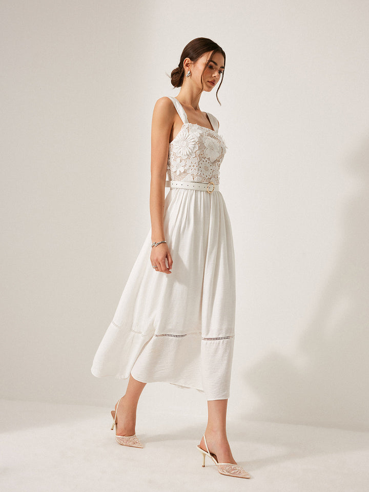 Pamuklu Çiçekli Dantel Kemerli Elbise