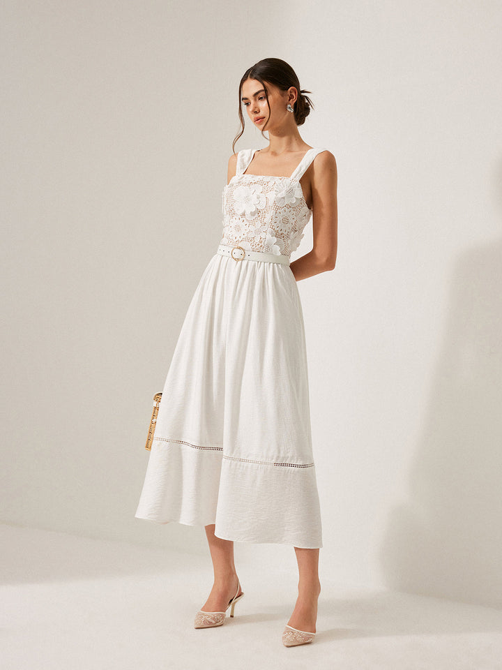 Pamuklu Çiçekli Dantel Kemerli Elbise