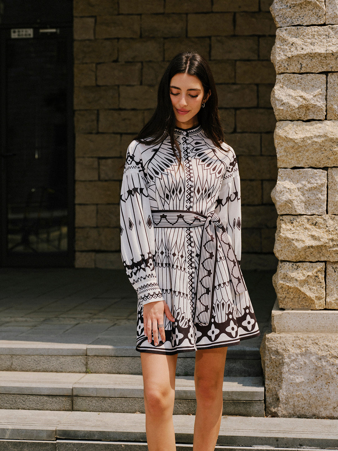 Keten Karışımlı Uzun Kollu Kemerli Elbise