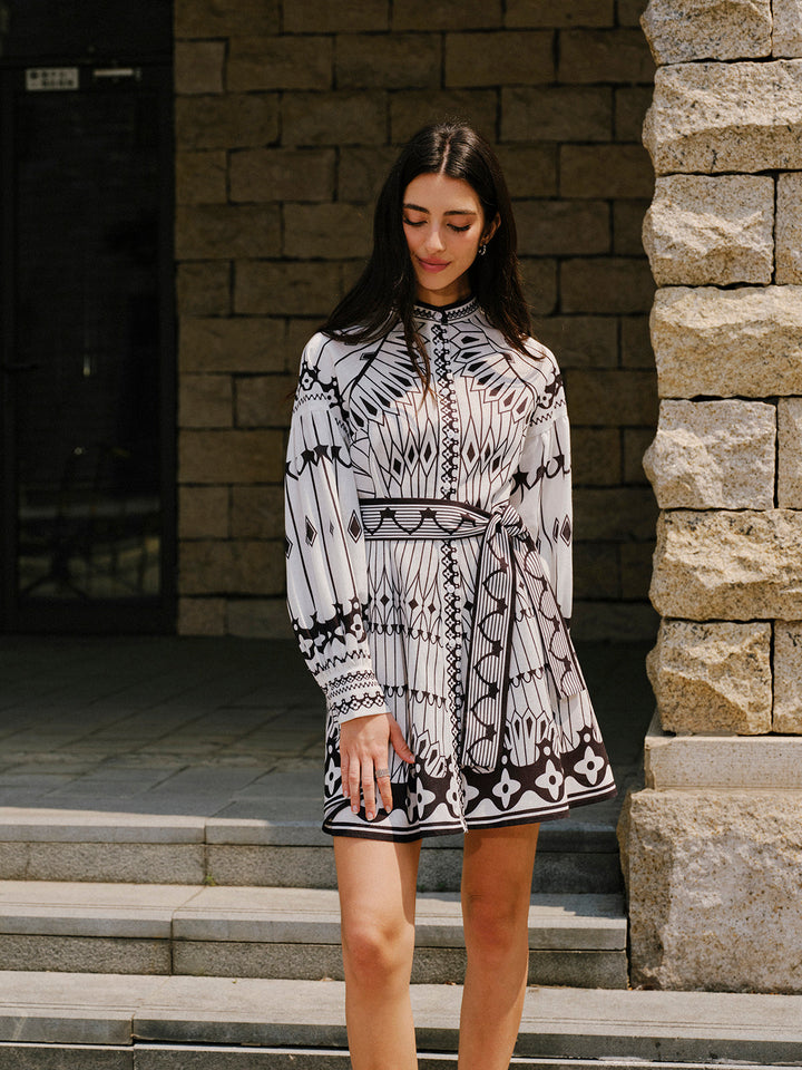 Keten Karışımlı Uzun Kollu Kemerli Elbise