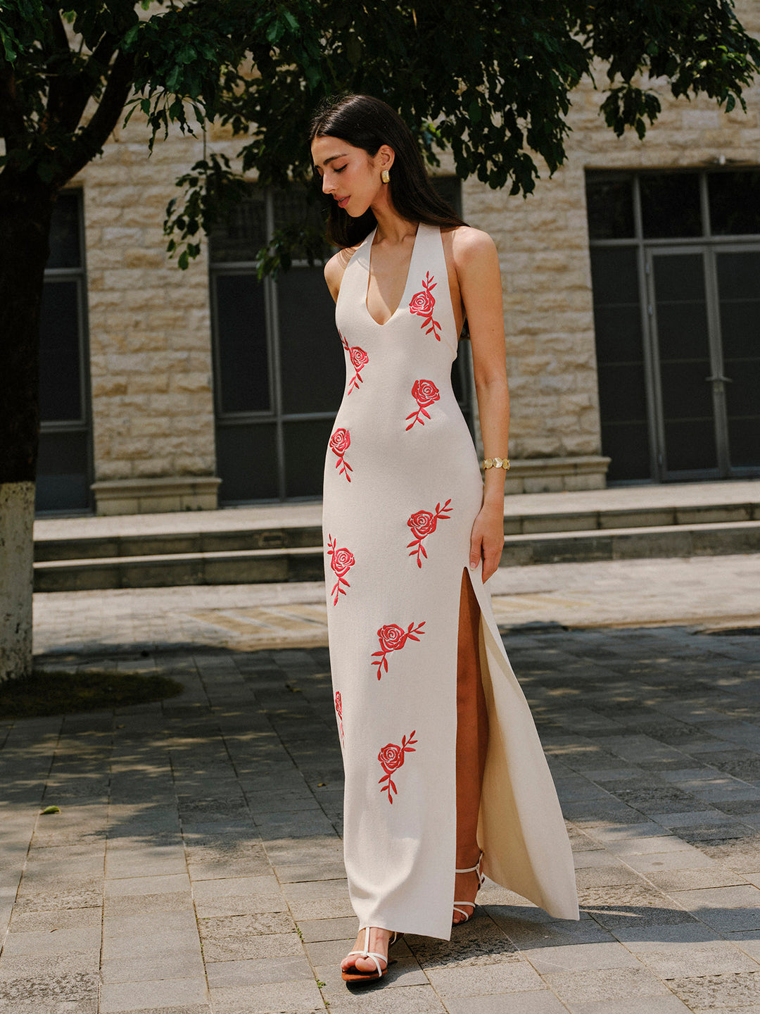 İşlemeli Bölünmüş Örgü Askılı Elbise