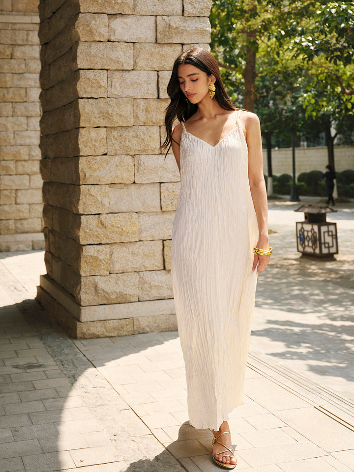 Saten V Yaka Askılı Elbise