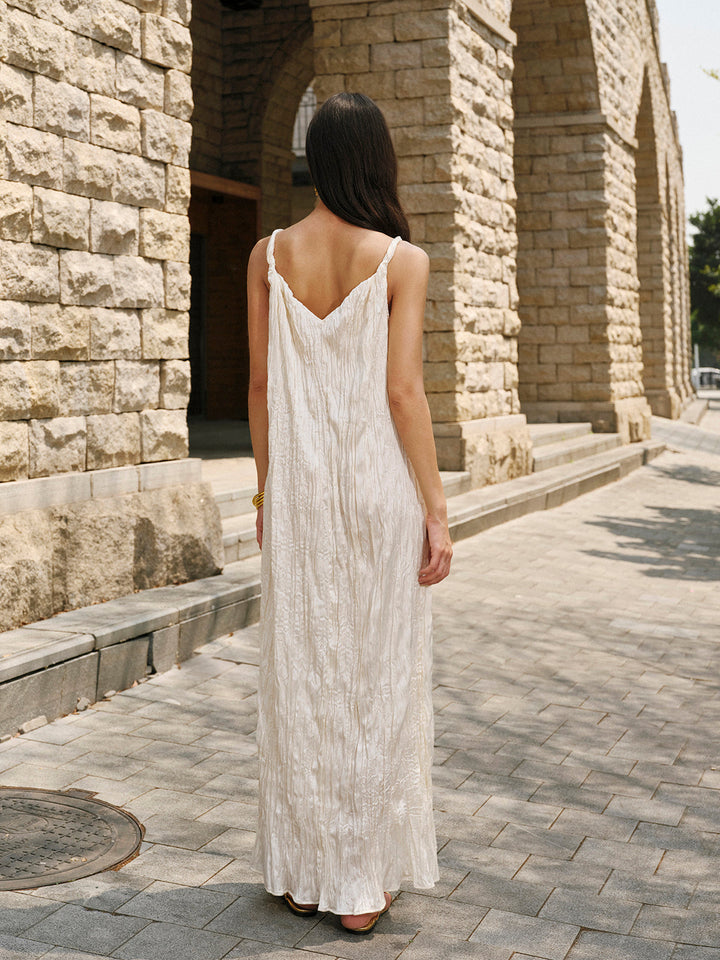 Saten V Yaka Askılı Elbise