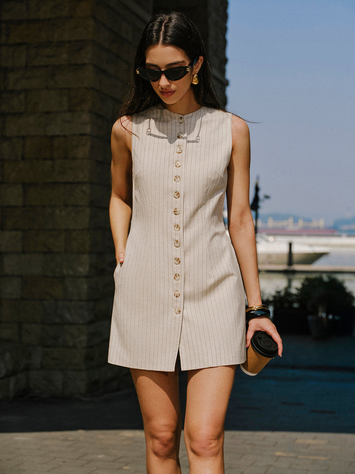 Keten Karışımlı Önü Düğmeli Cepli Elbise