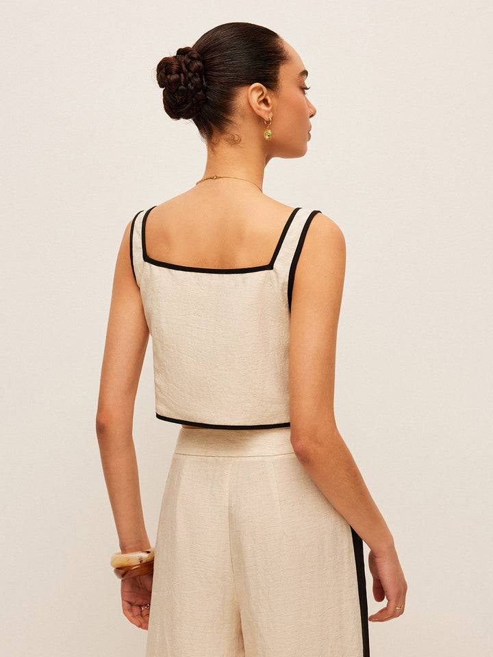 Pamuk Ve Keten Kontrast Kenarlı Kare Yakalı Tank Top