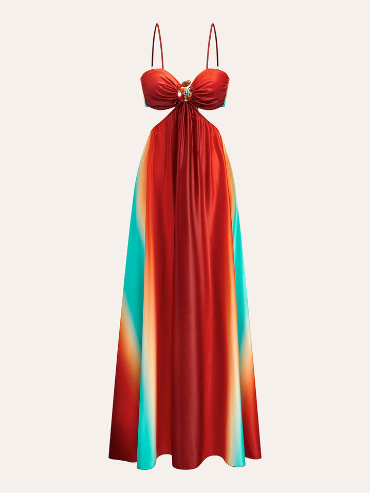 Saten Kesik Bel Degrade Elbise