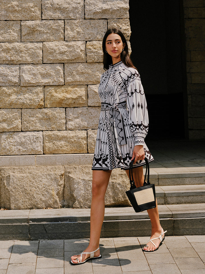 Keten Karışımlı Uzun Kollu Kemerli Elbise