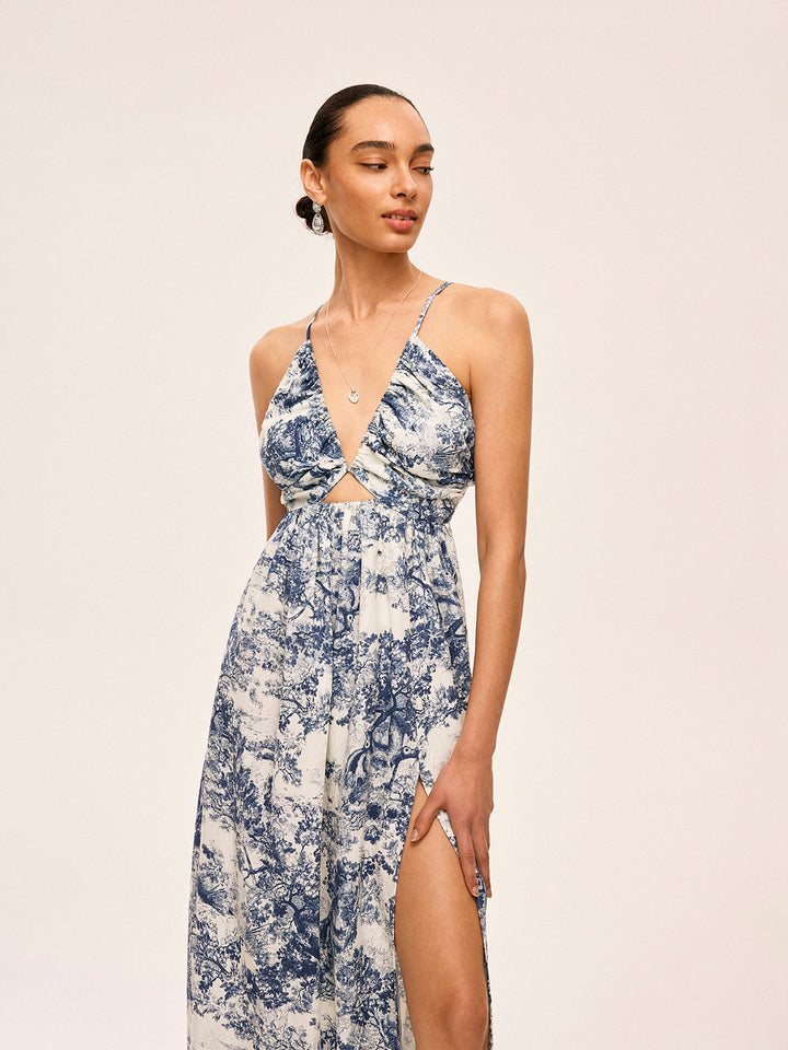 Baskılı Kontrast Kenarlı Düğümlü Bölünmüş Elbise