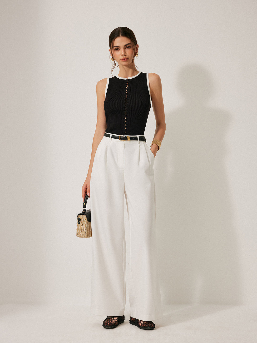 Renk Bloklu Örme Bağcıklı Yelek