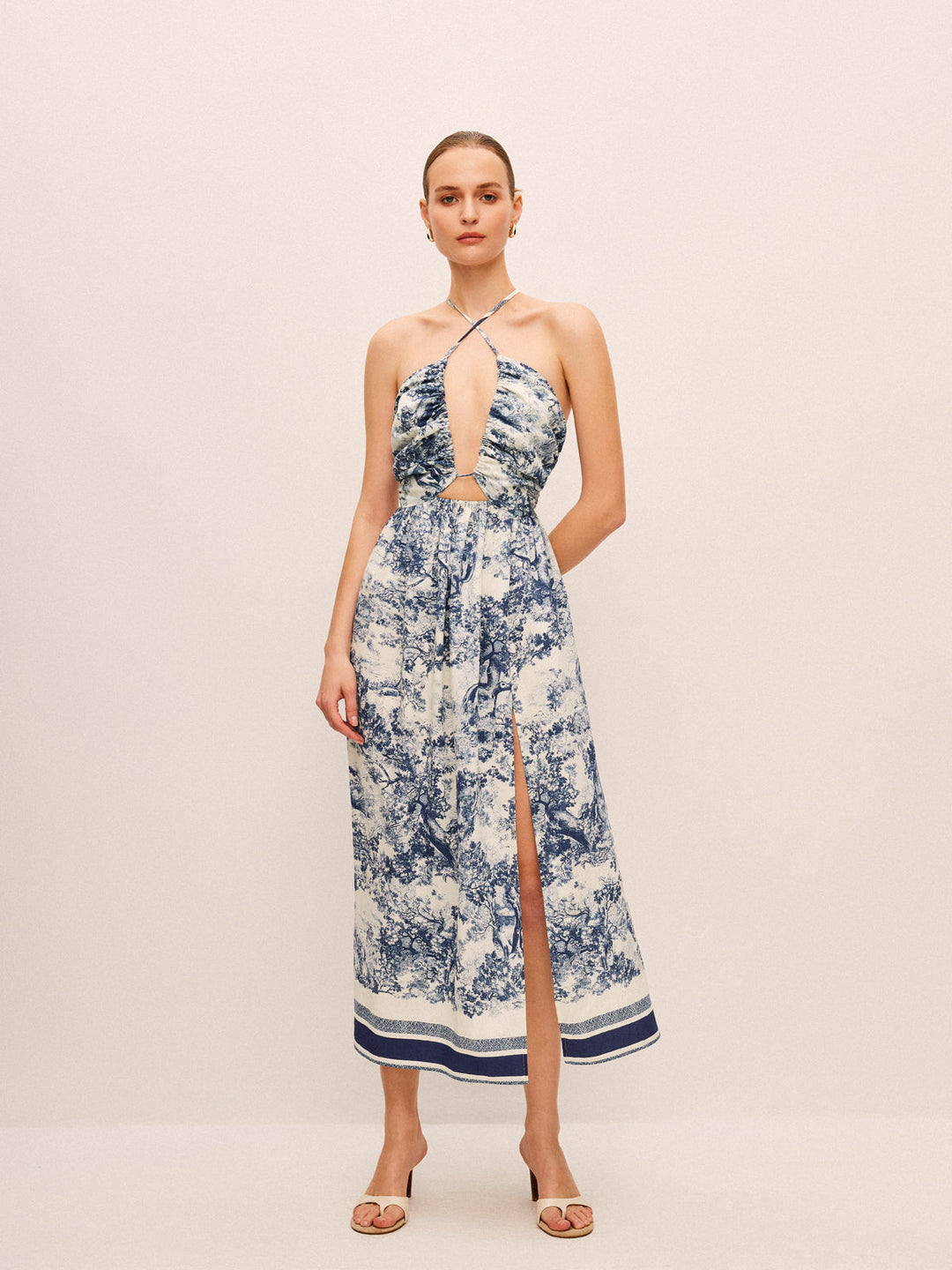 Baskılı Kontrast Kenarlı Düğümlü Bölünmüş Elbise