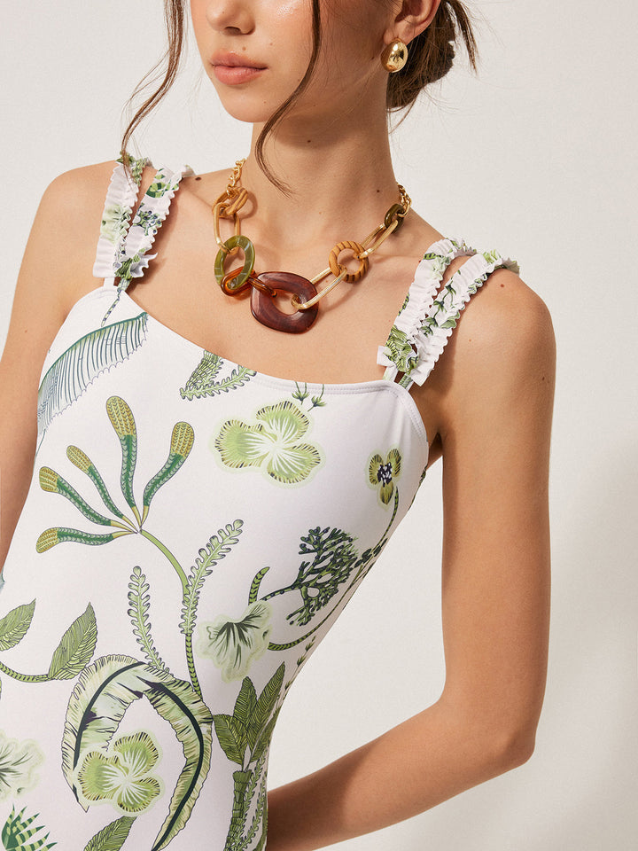 Çiçek Desenli Volan Askılı Tek Parça Mayo