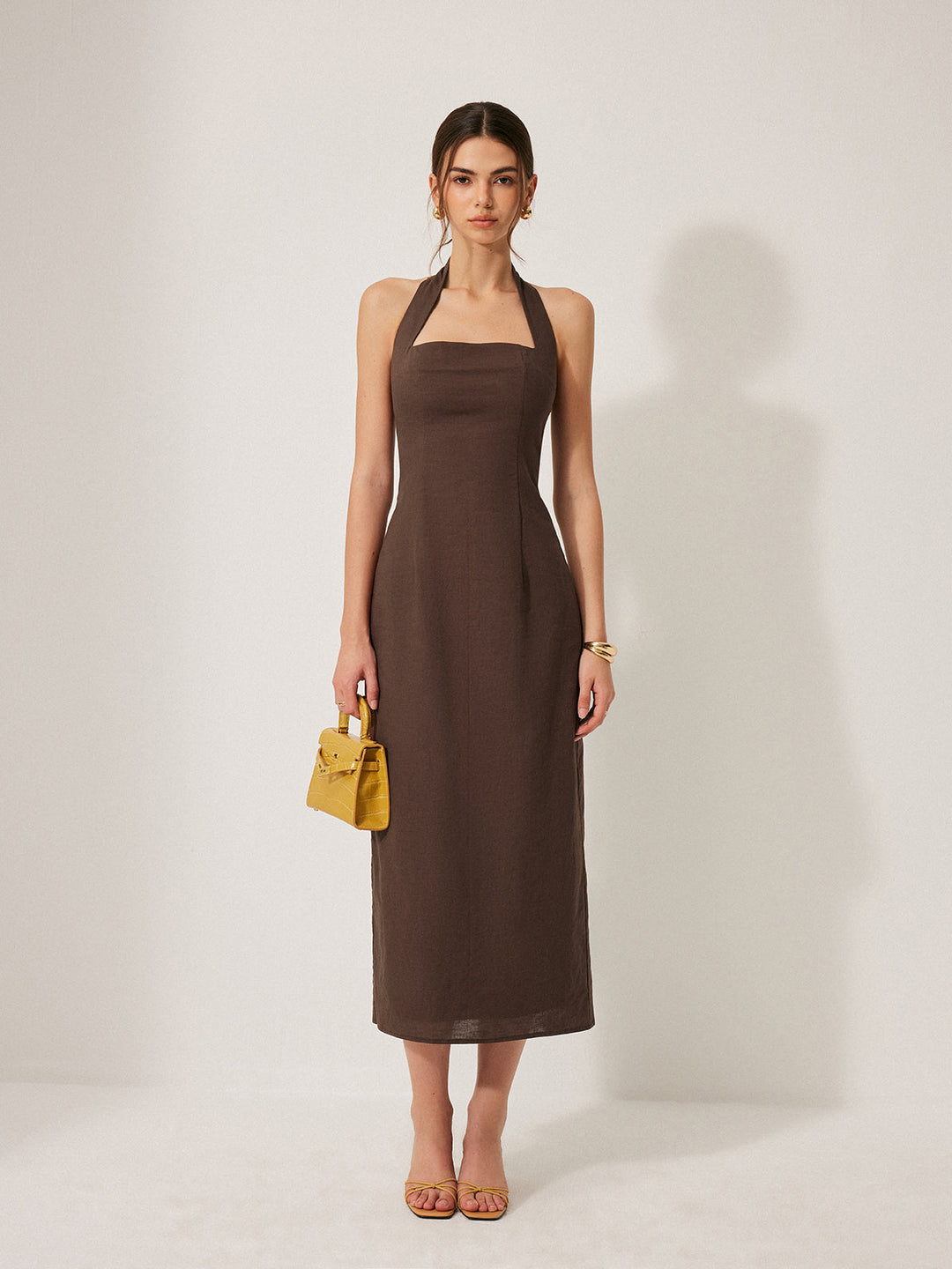 Pamuk Ve Keten Askılı Sırtı Açık Bölünmüş Elbise