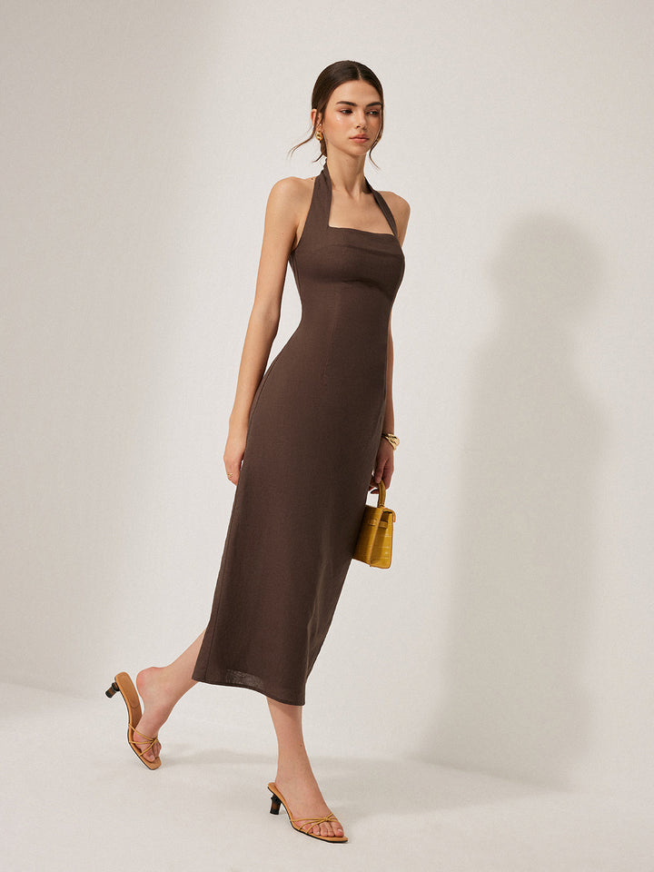 Pamuk Ve Keten Askılı Sırtı Açık Bölünmüş Elbise