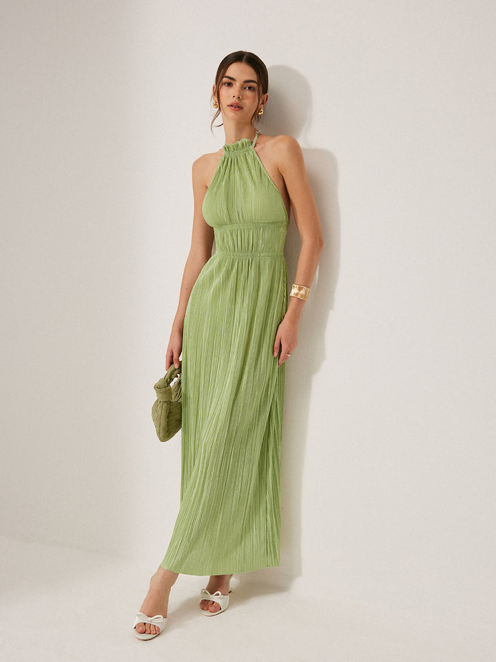 Pliseli Askılı Sırt Dekolteli Elbise