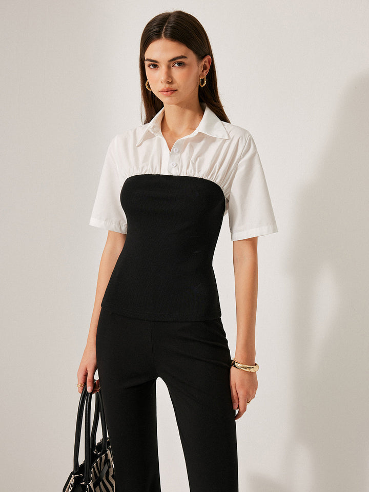 2'Si 1 Arada Panel Dekor Düğme Yaka Bluz