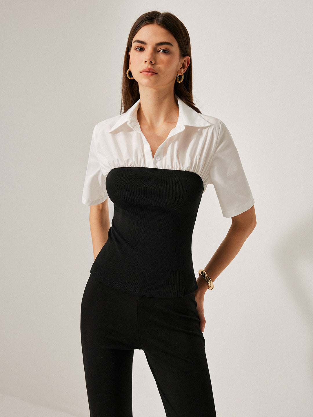 2'Si 1 Arada Panel Dekor Düğme Yaka Bluz