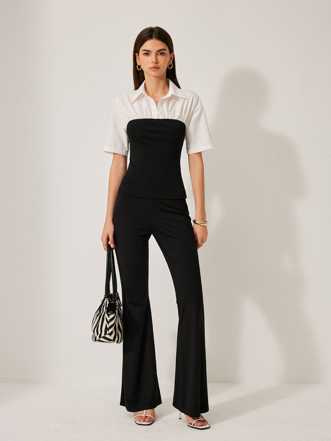 2'Si 1 Arada Panel Dekor Düğme Yaka Bluz