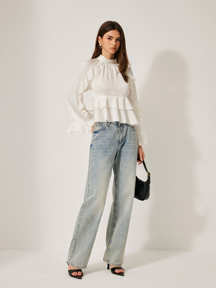 Dik Yaka Düğmeli Volanlı Peplum Bluz