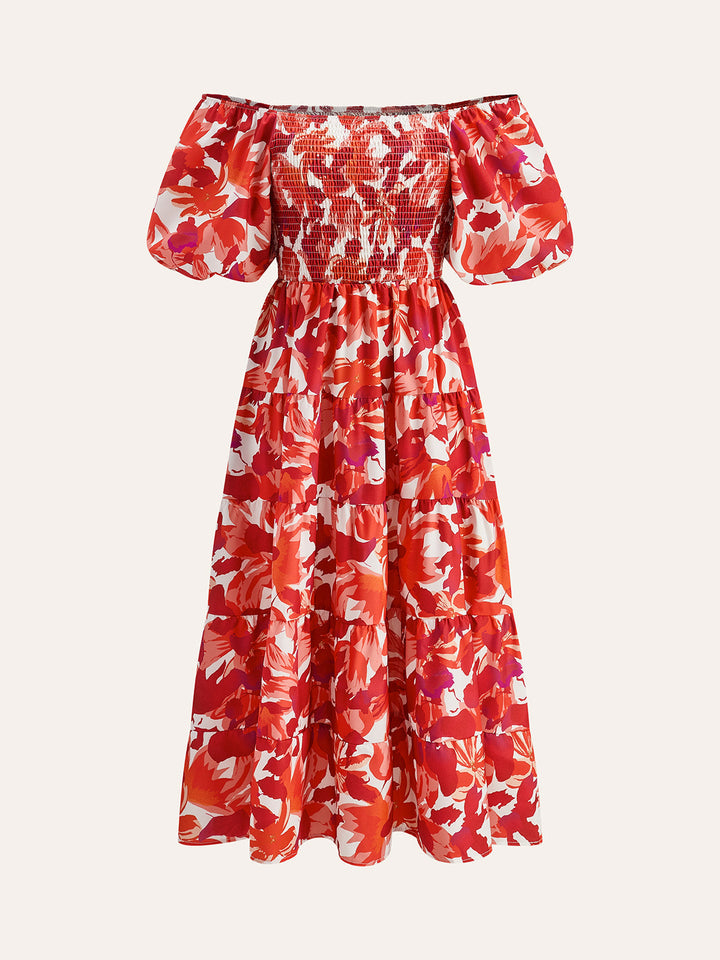 Omuzları Açık Çiçekli Fırfırlı Elbise