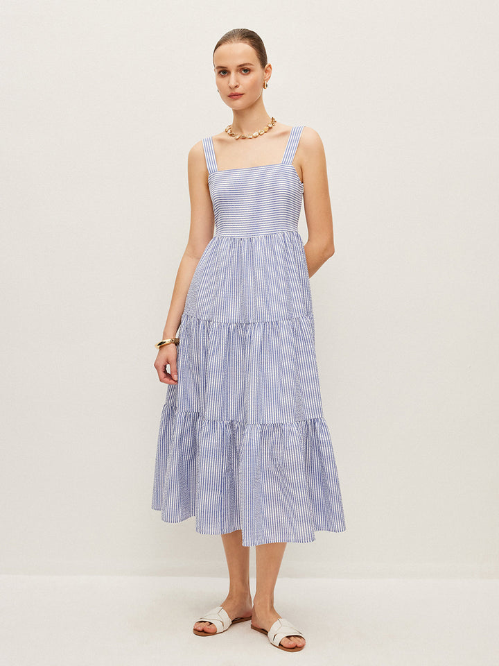 Çizgili Düğme Detaylı Kolsuz Elbise